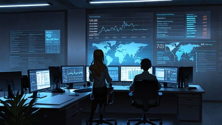 Oficina de tecnología moderna con computadoras y datos en pantalla