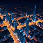 Vista aérea nocturna de una ciudad iluminada con vehículos autónomos circulando por las calles.