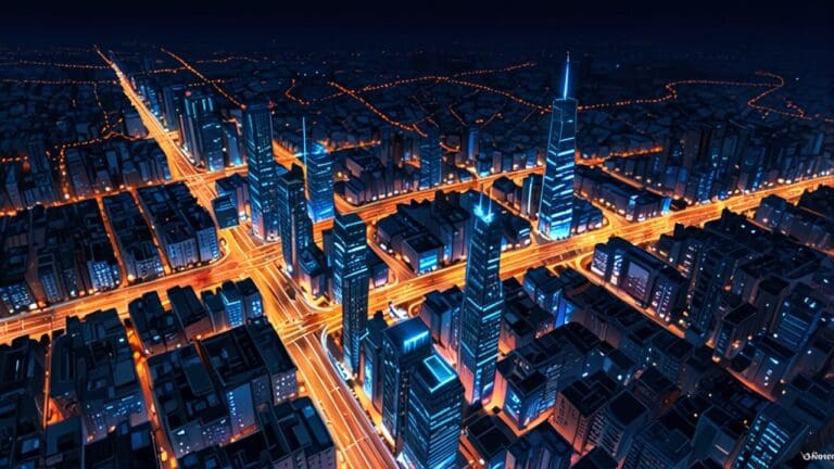 Vista aérea nocturna de una ciudad iluminada con vehículos autónomos circulando por las calles.