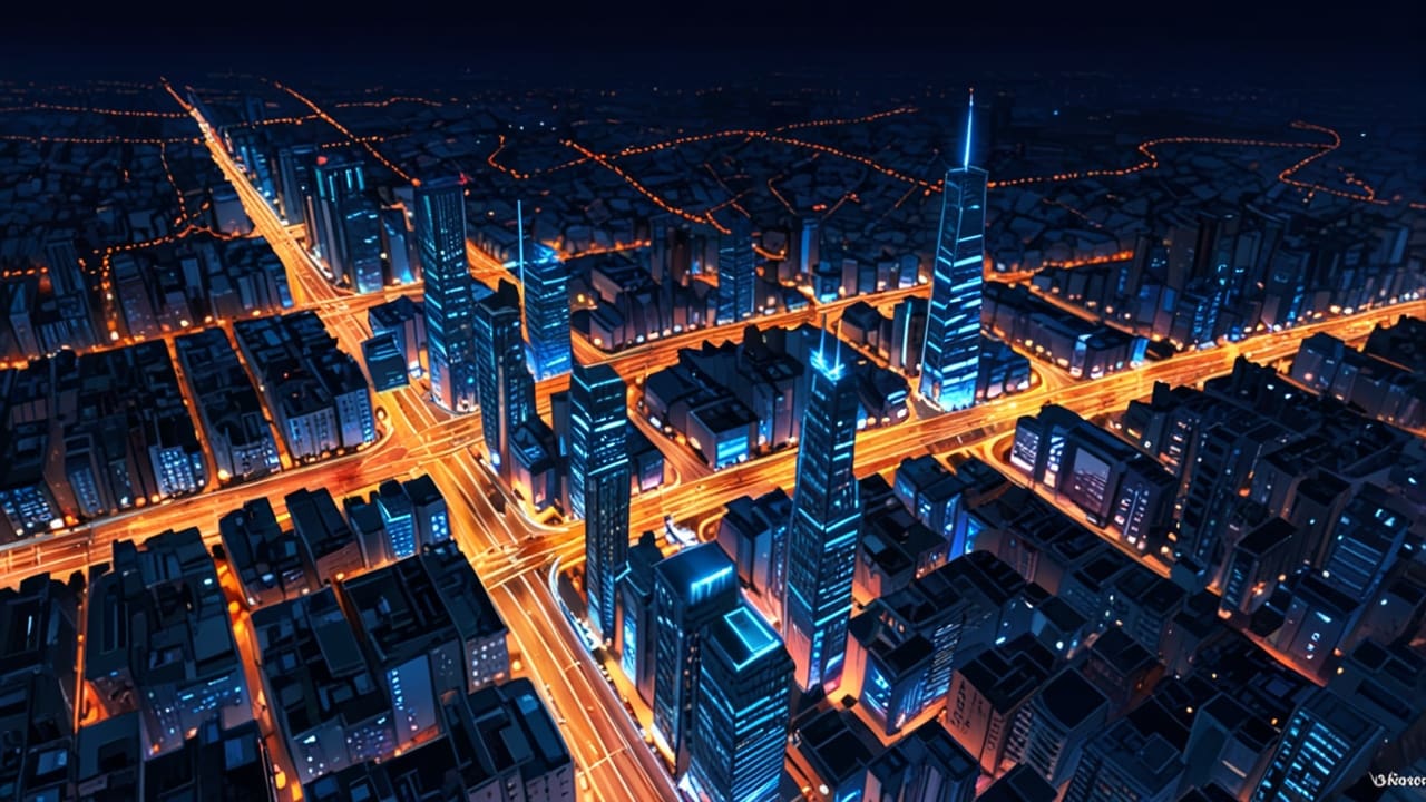 Vista aérea nocturna de una ciudad iluminada con vehículos autónomos circulando por las calles.