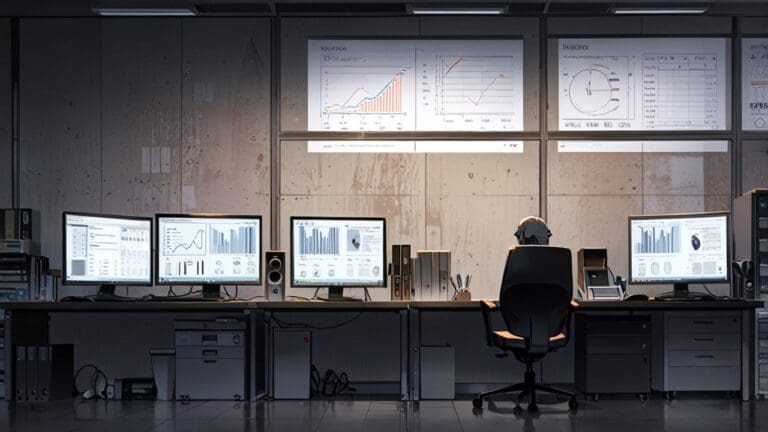 Oficinas modernas con computadoras y pantallas que muestran gráficos y datos de gestión documental