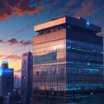 Edificio moderno de una startup tecnológica con fondo de ciudad al amanecer
