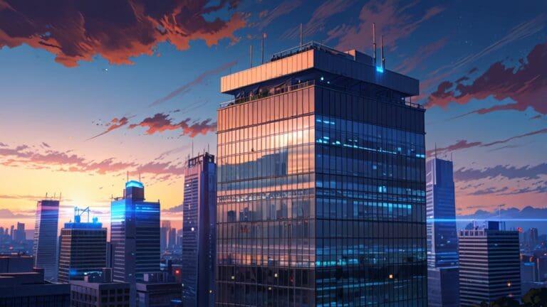 Edificio moderno de una startup tecnológica con fondo de ciudad al amanecer