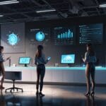 Oficina moderna con equipos de tecnología avanzada y pantallas de datos