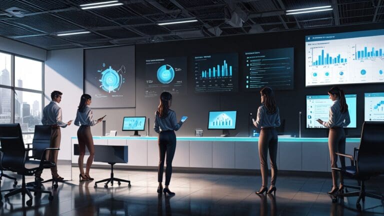 Oficina moderna con equipos de tecnología avanzada y pantallas de datos