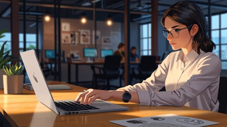 Manos de empresario revisando gráficos y análisis en una laptop, fondo de coworking moderno