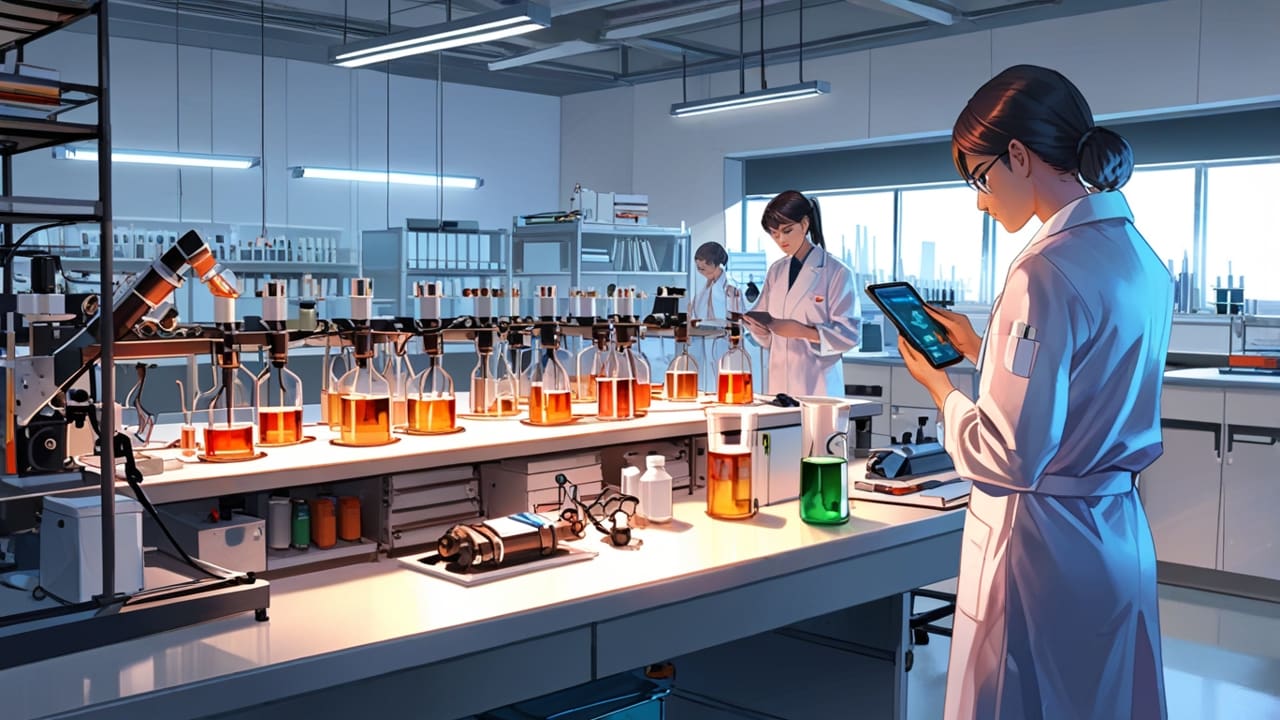 Laboratorio tecnológico con baterías avanzadas y equipos de investigación