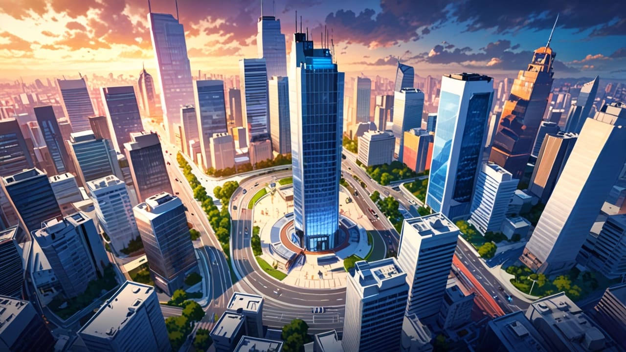 Vista aérea moderna de un centro de innovación empresarial en una ciudad cosmopolita