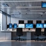 Vista interior de una oficina moderna con tecnología avanzada y dispositivos fintech.