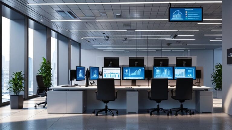 Vista interior de una oficina moderna con tecnología avanzada y dispositivos fintech.