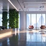 Oficinas modernas de una startup tecnológica con diseño futurista y vidrios reflejantes