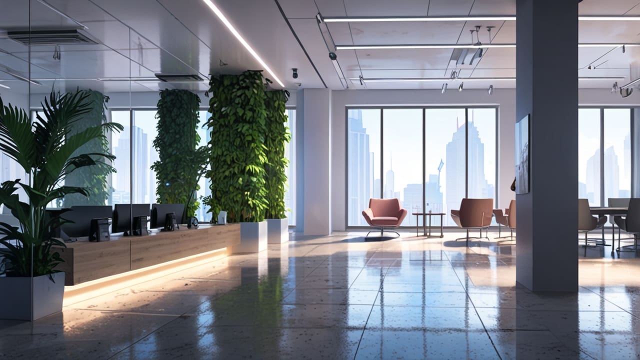 Oficinas modernas de una startup tecnológica con diseño futurista y vidrios reflejantes