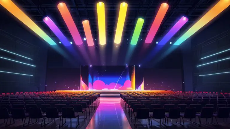 Moderno centro de convenciones iluminado con colores tecnológicos durante la noche.