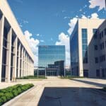Oficinas modernas y tecnológicas de una startup en Houston vistas desde el exterior con un cielo despejado.