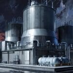 Render de un reactor nuclear modular rodeado de instalaciones tecnológicas en paisaje despejado y moderno