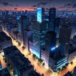 Vista panorámica de un distrito tecnológico moderno con edificios de oficinas y calles limpias, iluminado por luz natural