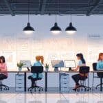 Espacio de coworking moderno con emprendedores trabajando en laptops, rodeados de elementos tecnológicos y pizarras con diagramas