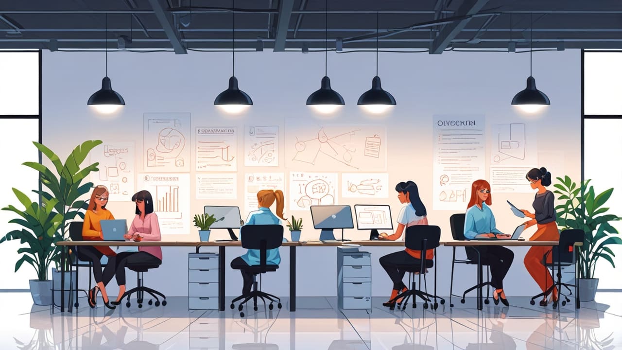 Espacio de coworking moderno con emprendedores trabajando en laptops, rodeados de elementos tecnológicos y pizarras con diagramas