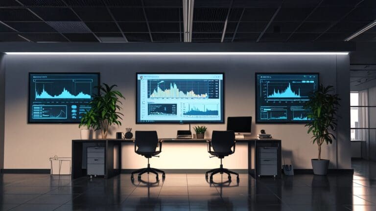 Interior moderno de una oficina tecnológica con pantallas que muestran gráficos financieros en tiempo real