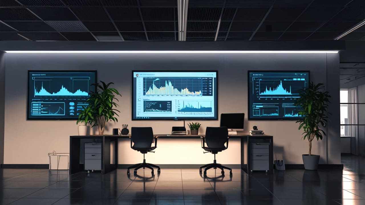 Interior moderno de una oficina tecnológica con pantallas que muestran gráficos financieros en tiempo real