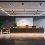 Oficinas modernas de una firma de abogados con enfoque tecnológico, iluminación neutra, ambiente profesional