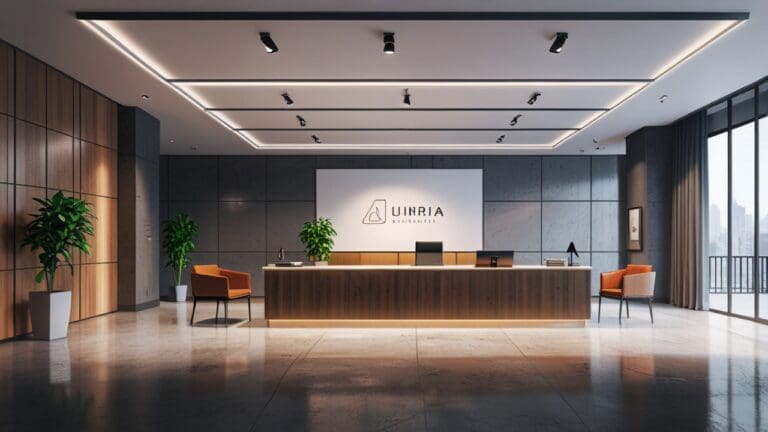 Oficinas modernas de una firma de abogados con enfoque tecnológico, iluminación neutra, ambiente profesional