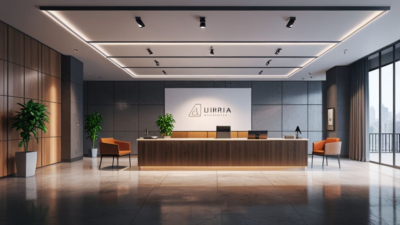 Oficinas modernas de una firma de abogados con enfoque tecnológico, iluminación neutra, ambiente profesional