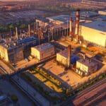 Vista aérea de un parque industrial con edificios tecnológicos al atardecer