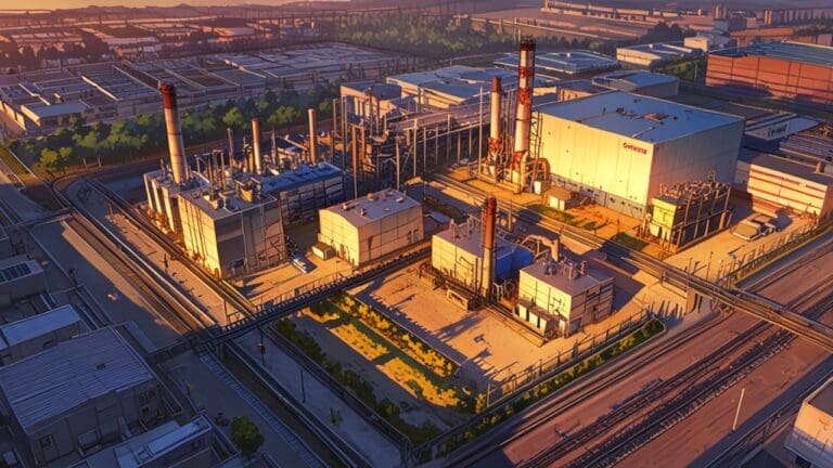 Vista aérea de un parque industrial con edificios tecnológicos al atardecer