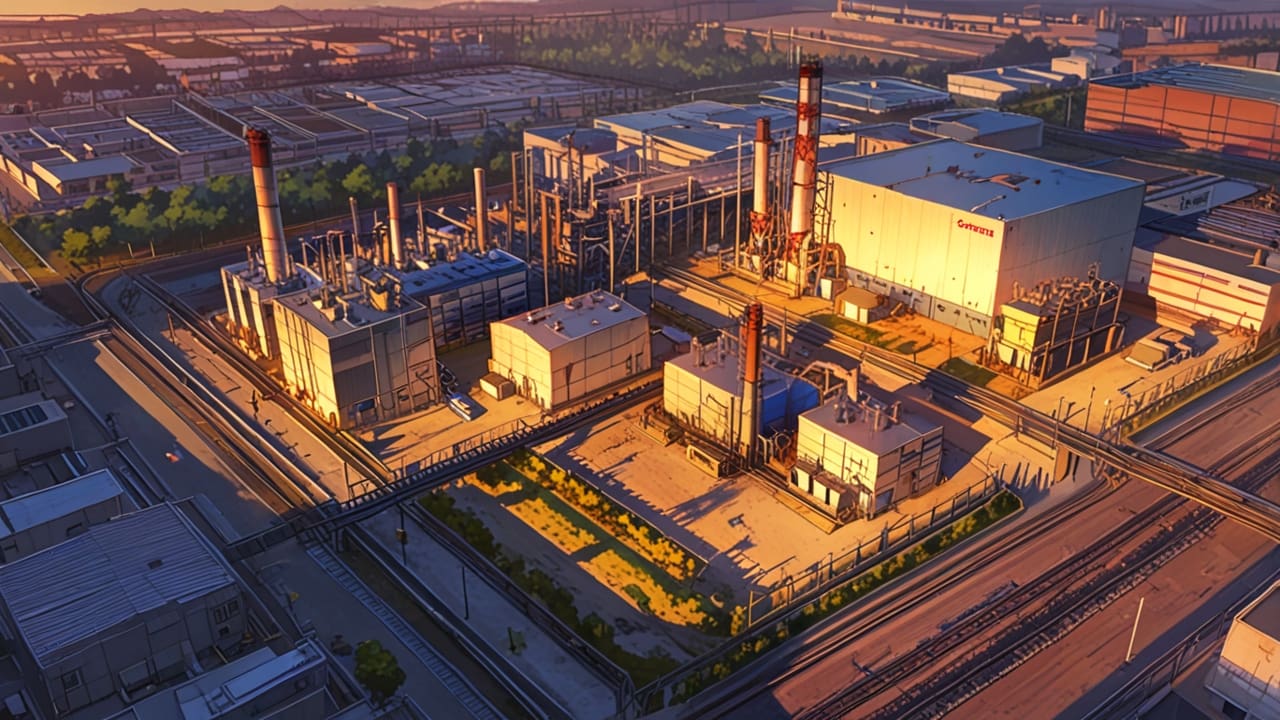 Vista aérea de un parque industrial con edificios tecnológicos al atardecer