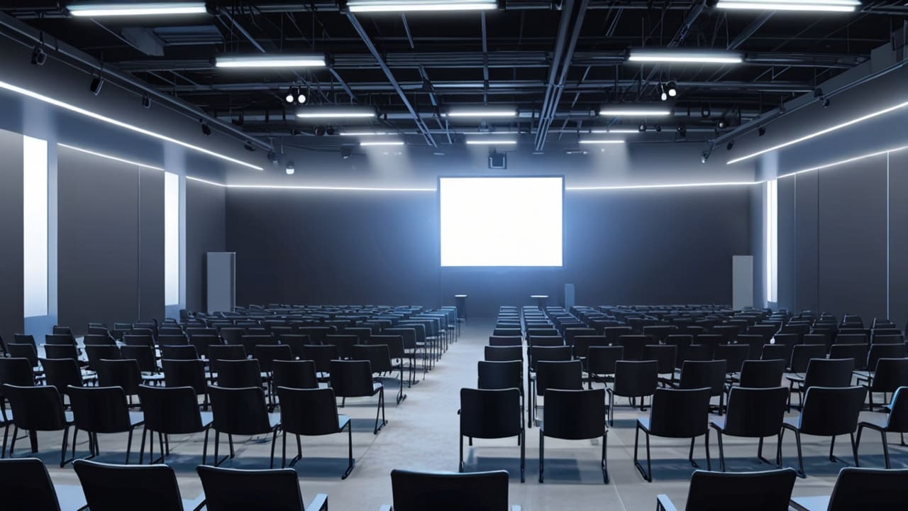 Sala de conferencias moderna iluminada con luz natural, stands de tecnología, ambiente empresarial profesional
