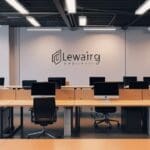 Interior moderno de un espacio de coworking tecnológico con ordenadores y pantallas encendidas, vista amplia y profesional