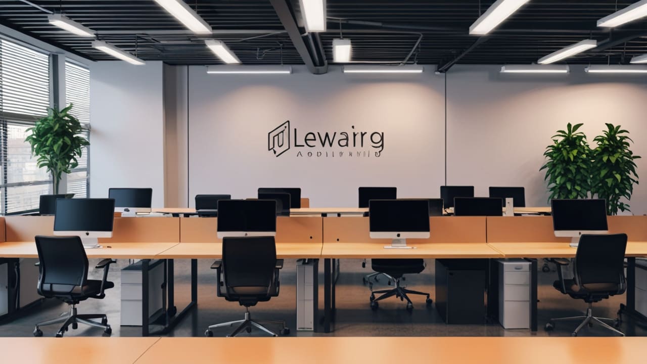 Interior moderno de un espacio de coworking tecnológico con ordenadores y pantallas encendidas, vista amplia y profesional