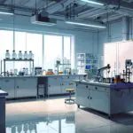 Laboratorio moderno con baterías de nueva generación y equipos tecnológicos en primer plano, con iluminación neutra y fondo desenfocado