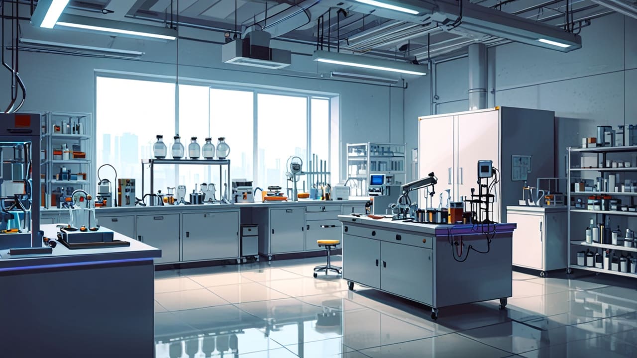 Laboratorio moderno con baterías de nueva generación y equipos tecnológicos en primer plano, con iluminación neutra y fondo desenfocado