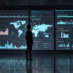 Oficinas tecnológicas modernas con pantallas de datos y gráficos de inteligencia artificial