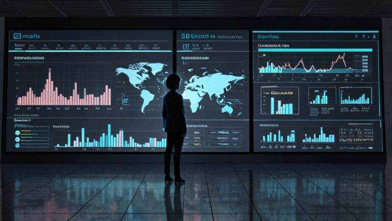 Oficinas tecnológicas modernas con pantallas de datos y gráficos de inteligencia artificial