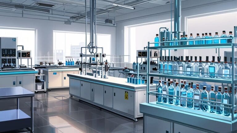 Laboratorio moderno equipado con dispositivos de tratamiento de agua y muestras líquidas en frascos etiquetados, iluminación neutra