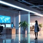 Interior moderno de un centro de innovación con estaciones de trabajo tecnológicas y pantallas digitales, ambiente de colaboración entre investigadores y emprendedores