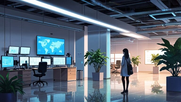 Interior moderno de un centro de innovación con estaciones de trabajo tecnológicas y pantallas digitales, ambiente de colaboración entre investigadores y emprendedores