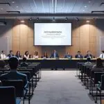 Sala de conferencias moderna con emprendedores presentando proyectos frente a inversionistas internacionales