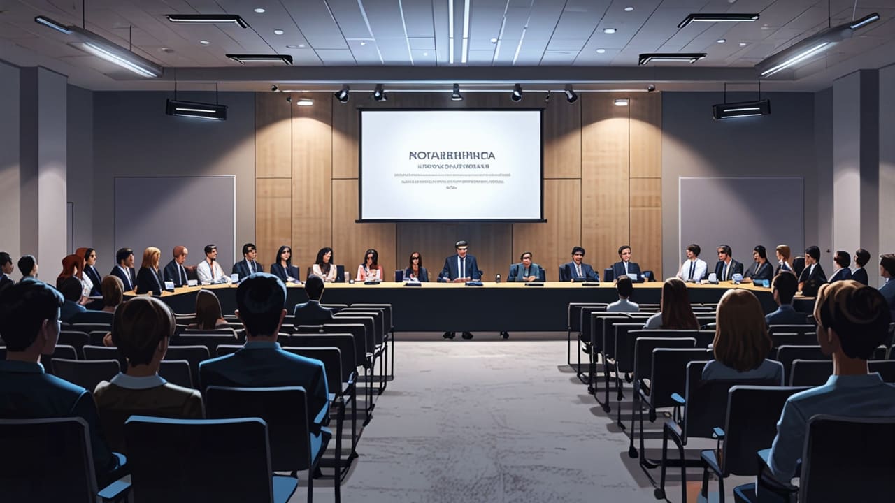 Sala de conferencias moderna con emprendedores presentando proyectos frente a inversionistas internacionales