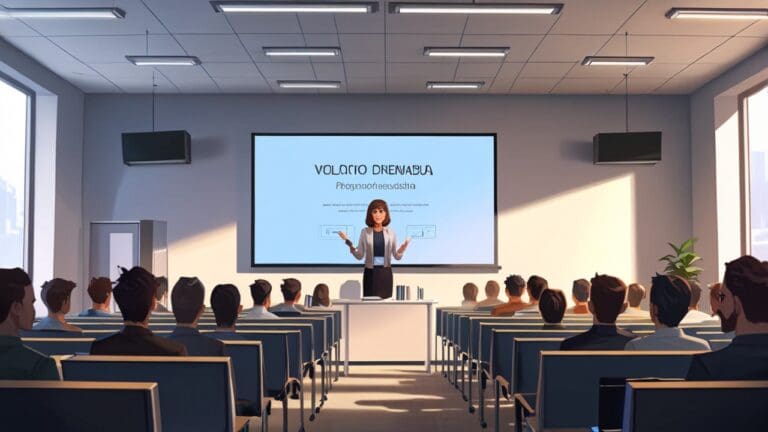 Sala de conferencias moderna con emprendedores tomando nota frente a una presentación tecnológica en una pantalla grande