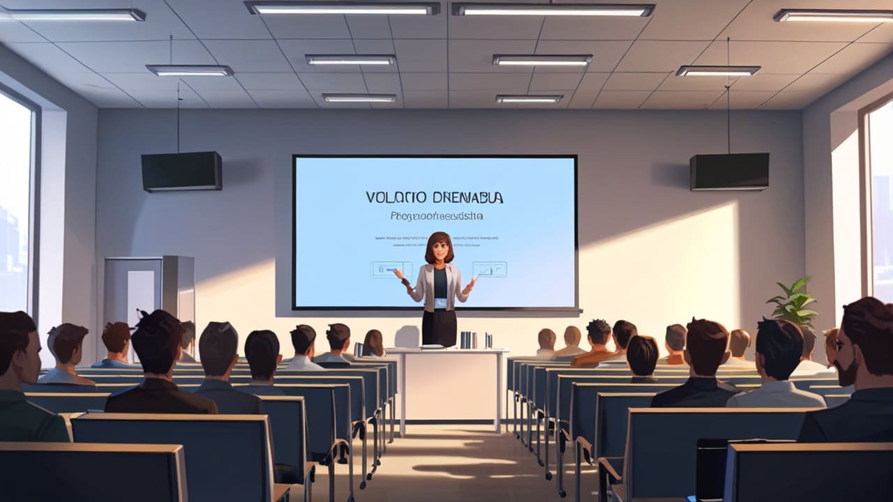 Sala de conferencias moderna con emprendedores tomando nota frente a una presentación tecnológica en una pantalla grande