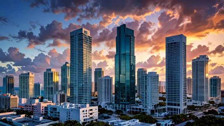 Panorámica urbana de Miami con edificios modernos y tonos cálidos al atardecer, reflejando crecimiento tecnológico