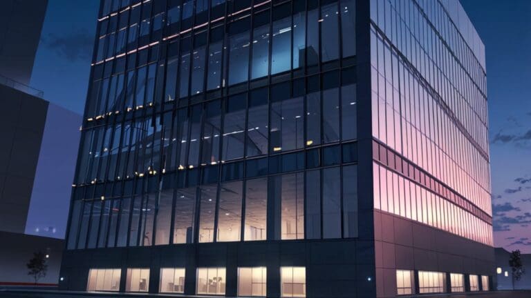 Edificios corporativos modernos con luces encendidas al anochecer