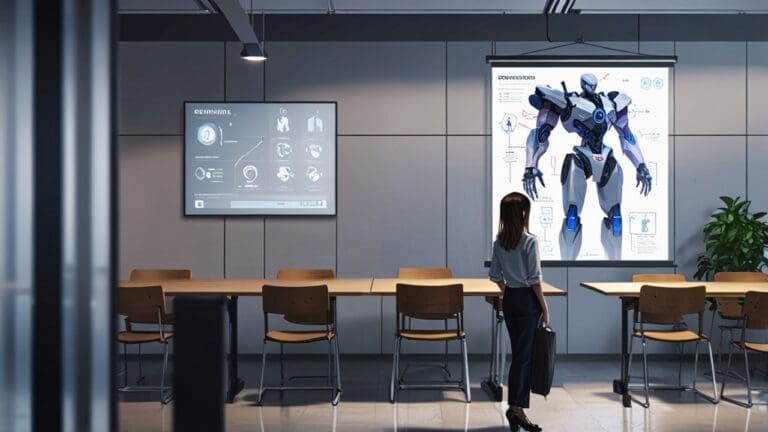 Oficina moderna con pantallas mostrando gráficos de IA y un robot digital proyectado en una sala de reuniones tecnológica