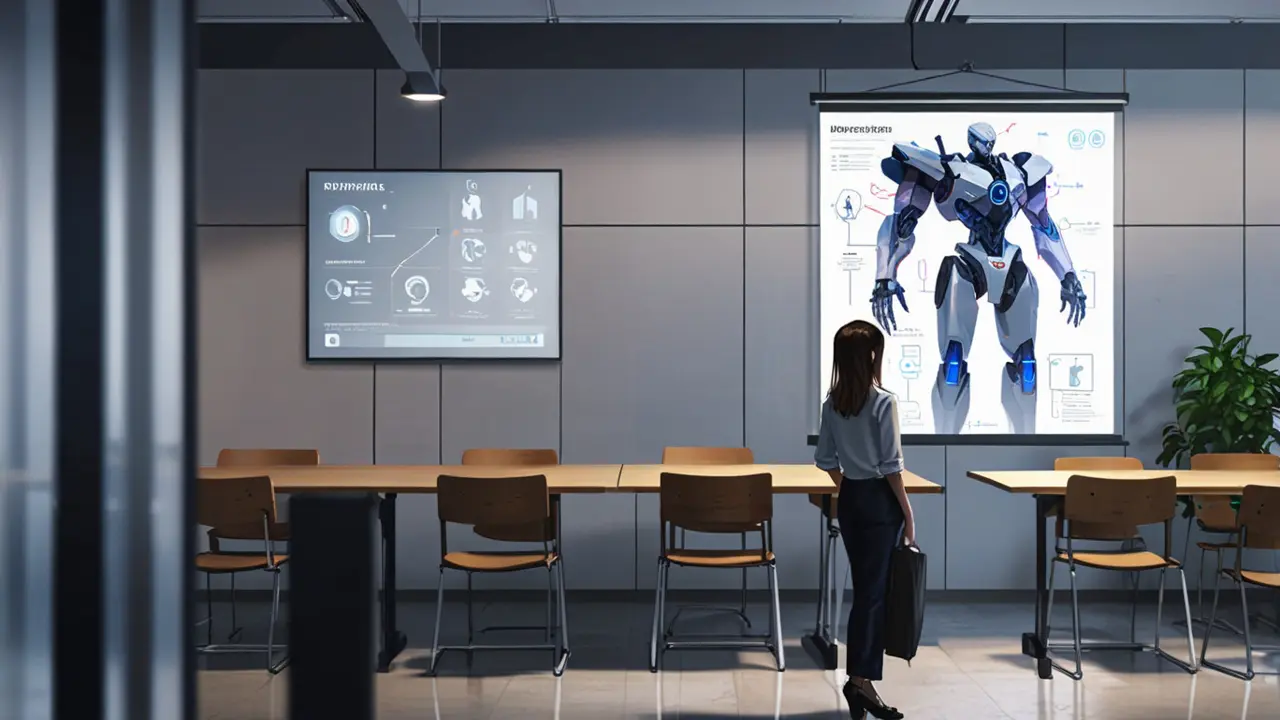 Oficina moderna con pantallas mostrando gráficos de IA y un robot digital proyectado en una sala de reuniones tecnológica
