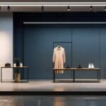 Interior moderno de una tienda de ropa con sensores y cámaras discretas integradas en la arquitectura, iluminada con luz natural