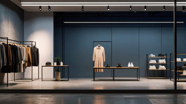 Interior moderno de una tienda de ropa con sensores y cámaras discretas integradas en la arquitectura, iluminada con luz natural